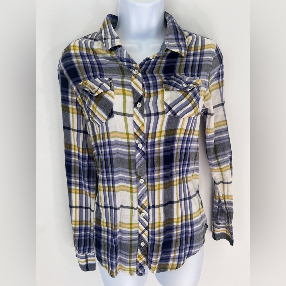 Arizona Jeans Plaid Button-Up Shirt in Blue and Yellow, Size M, Y2K style